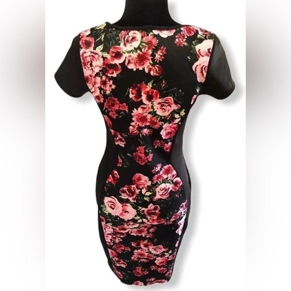 Love J. Floral Pencil Dress Juniors Medium Bodycon Black Pink Floral Roses - Picture 5 of 13